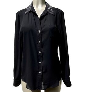 Karen Kane Buttons Up Long Sleeve Blouse Women's Medium Studded Collar Black